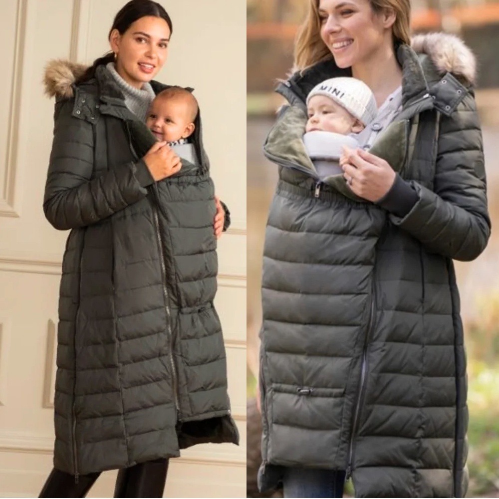 NWT Seraphine Olive Green Maternity & Babywear Puffer Coat with Faux Fur Hood